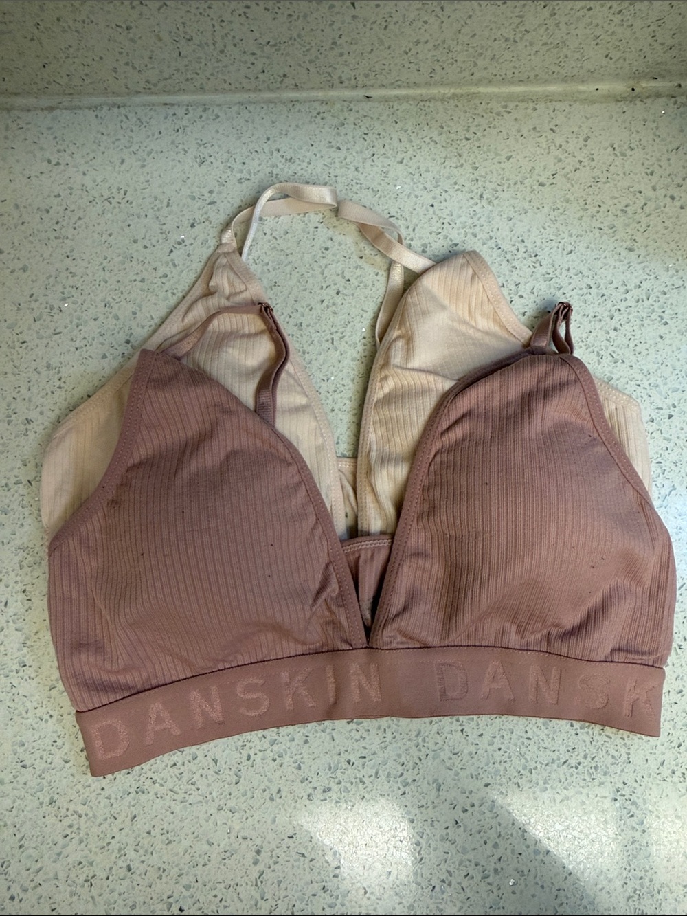 2 Danskin Ribbed Pullover Bralettes - Mauve & Light Beige